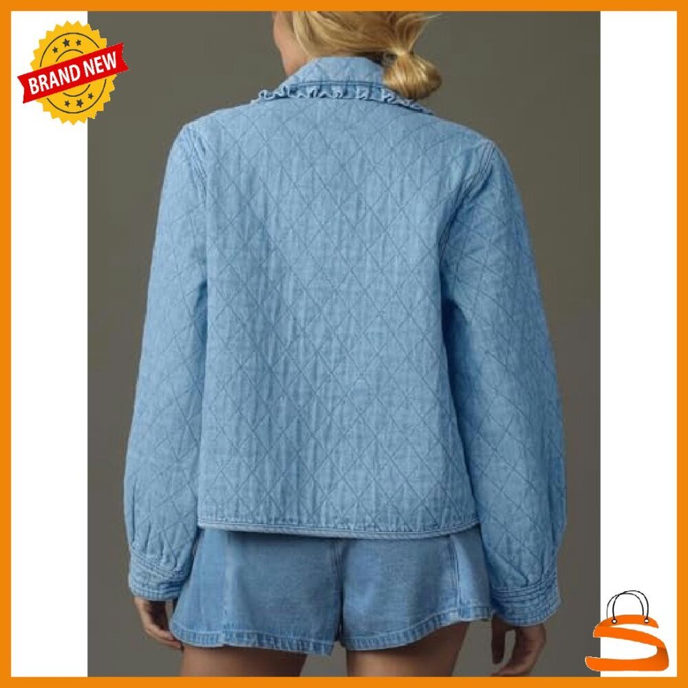 Denim Jacket with Tie Front Peter Pan Collar Loose Fit Top - Picture 3 of 8